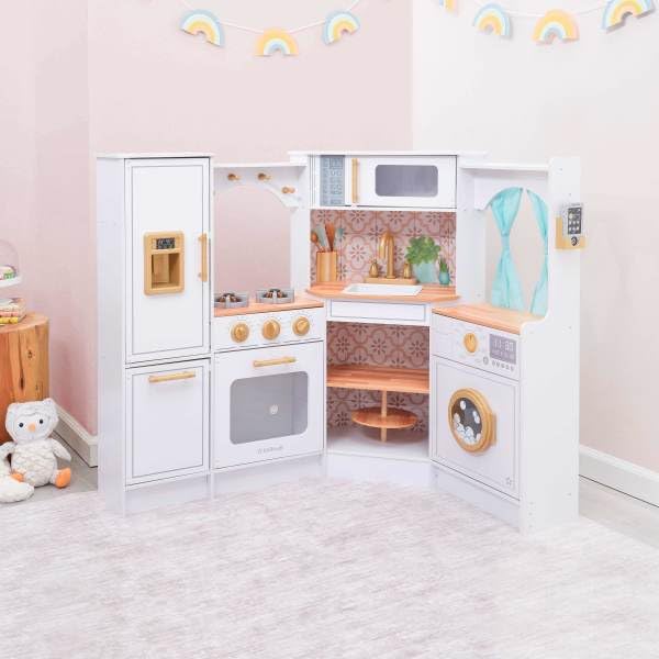 KidKraft Ultimate Corner Wooden Play Kitchen with Lights & Sounds, White