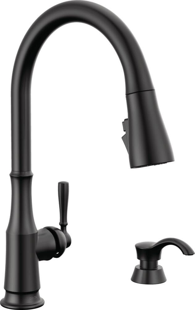 Delta Capertee Oil Rubbed Bronze Kitchen Faucet with Pull Down Sprayer and Soap Dispenser, Modern Single Hole Kitchen Sink Faucet, Single Handle, Venetian Bronze 19877Z-RBSD-DST