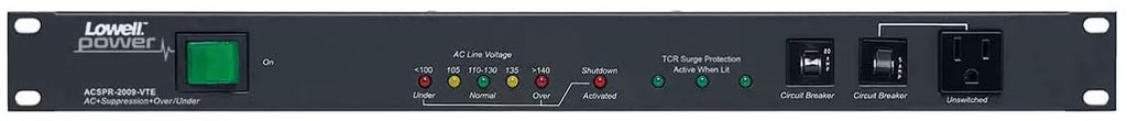 Lowell ACSPR-2009-VTE PDU with 9 (15/20A) Outlets, Advanced Multi-Stage Surge Suppression Up to 72,000A, Over-Under Voltage Protection; 120VAC, 60Hz, 20A; 9 Ft Attached Cord for Termination