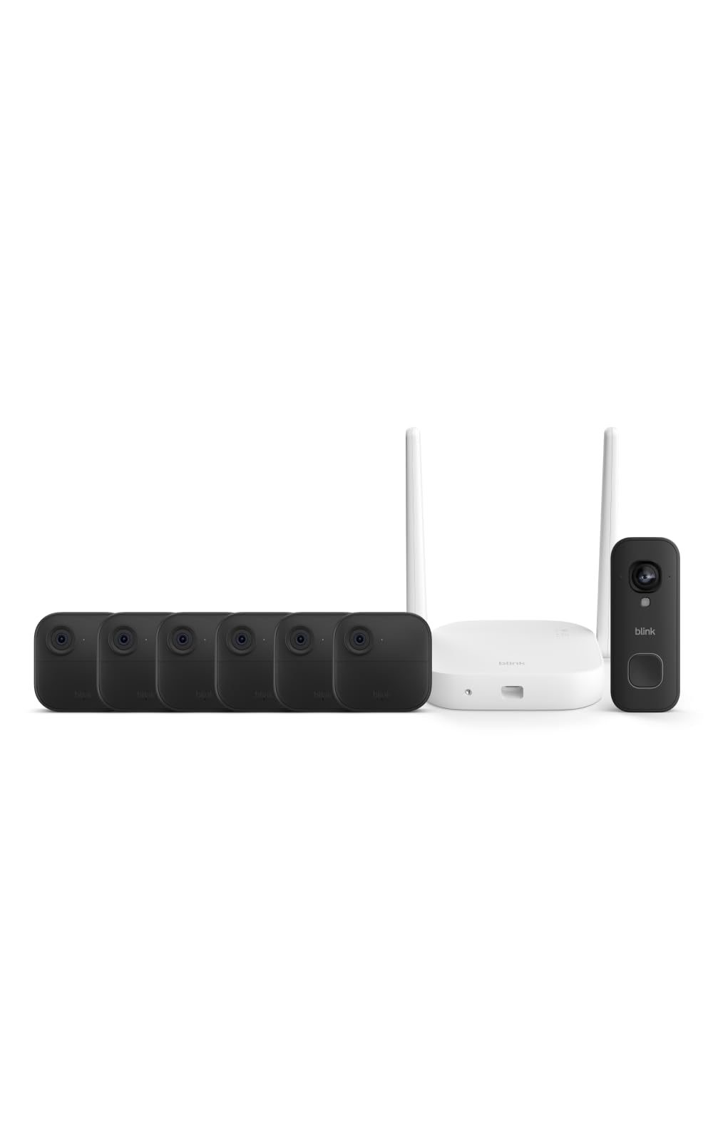 Blink Outdoor XR+ and Wired Doorbell 2K+ — Extended range wireless Outdoor 4 camera and 2K hardwired doorbell. Sync Module XR+ included — 6 camera system + doorbell