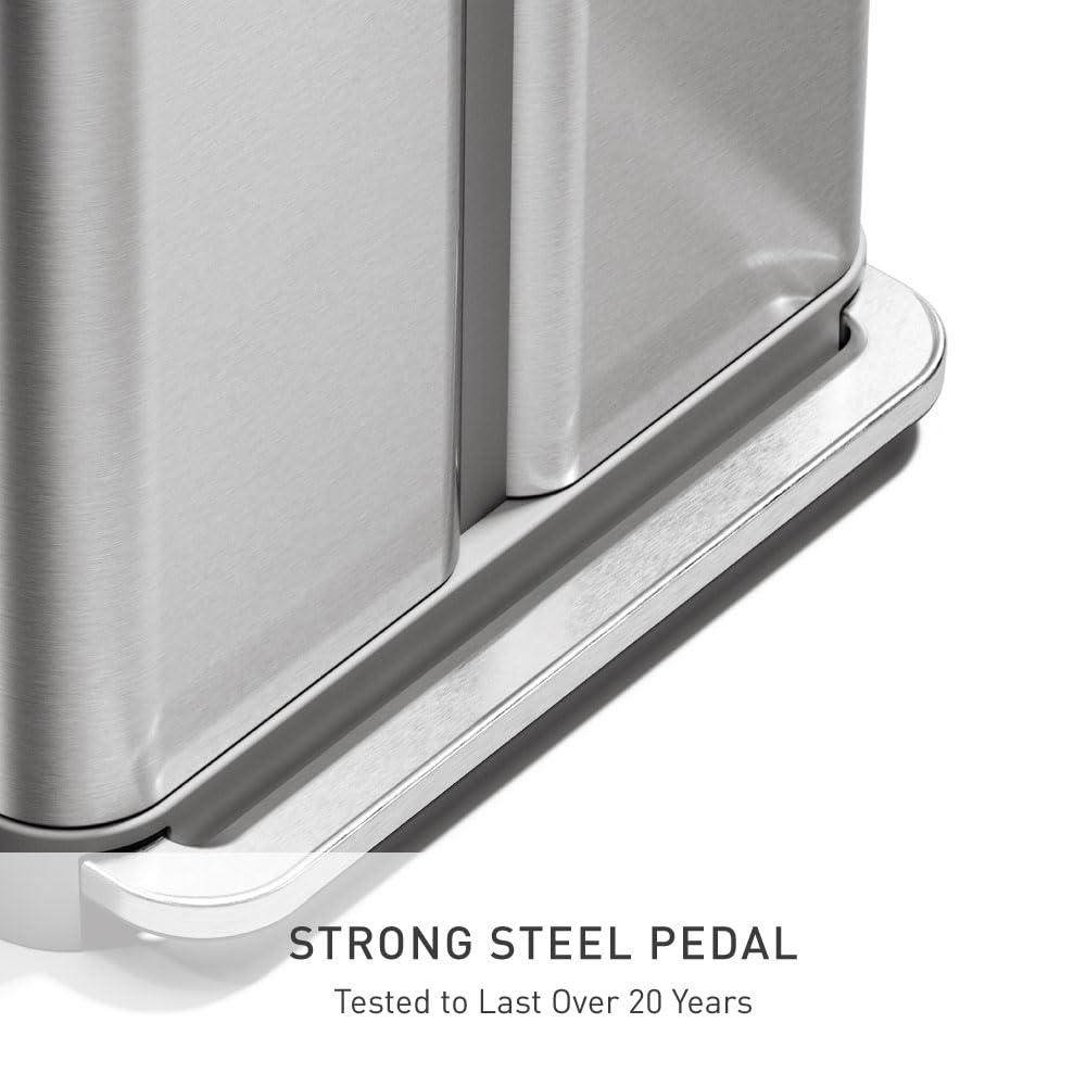 simplehuman Step Recycler, 58L / 15.3 Gallon Dual Compartment Kitchen Trash Can, 150,000-Step Pedal, Lid Shox® Technology, Liner Rim System, Liner Pocket®, Brushed Stainless Steel with Plastic Lid
