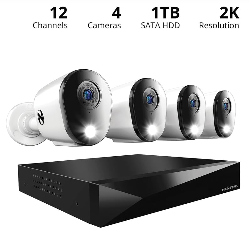 Night Owl 12-Ch Wired DVR System, 4 2K Cams, 1TB HDD, 2-Way Audio