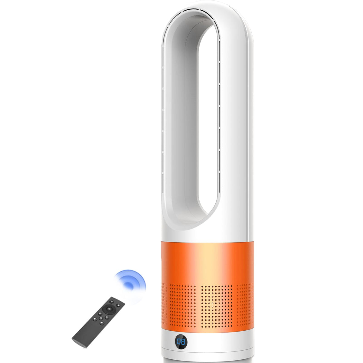 Bladeless Heater and Fan Combo, 1400 Watt Heater Fan and 40 Watt Cold Fan, 80° Oscillating Fan, All the Season Use, Remote and Touch Control, Floor Tower fan, Office Room, Bedroom, Orange White