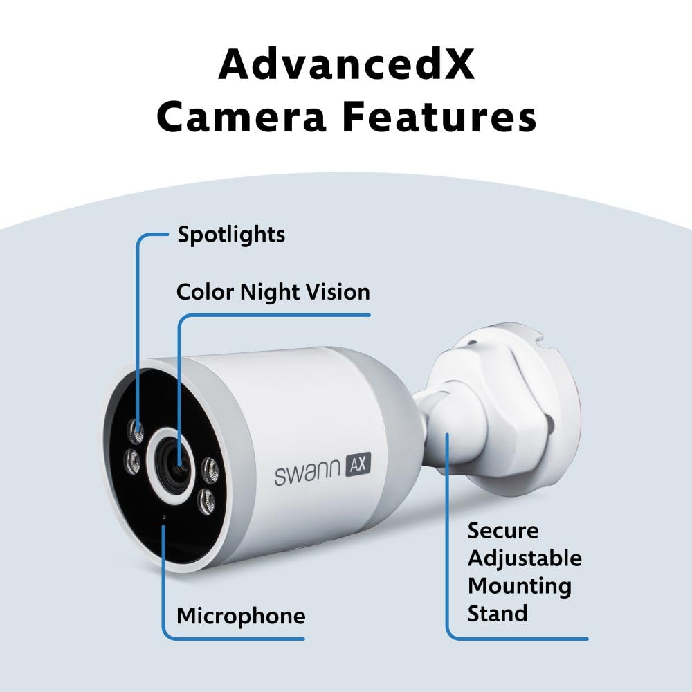 Swann AdvancedX Wired NVR 4K Security Camera System, 8 Channels, 8 PoE Cameras Outdoor, 1TB HDD Storage, Color Night Vision, Smart AI Video Analytics/Alerts, Motion Detection, 24/7 Recording