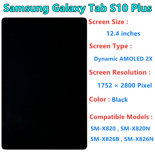 12.4" Original for Samsung Galaxy Tab S10 Plus Screen Replacement Galaxy Tab S10+ SM-X820 SM-X826B SM-X820N SM-X826N Display Touch Screen Digitizer Assembly with Repair Tool