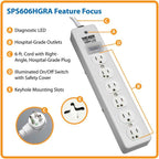 TRIPP LITE Hospital-Grade Surge Protector Medical Power Strip, 6 Outlets, Right-Angle NEMA 5-15PHG Plug, 6 Foot / 1.8M Cord, 1050 Joule Protection, (SPS606HGRA)