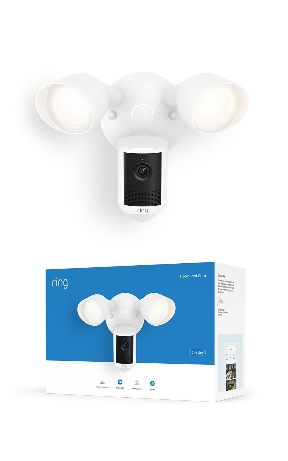 Ring Floodlight Cam 2K (newest model), Wired, Home or business security, Wide-Angle Retinal 2K Video, 6x Enhanced Zoom, Ultra-Bright Floodlights, White