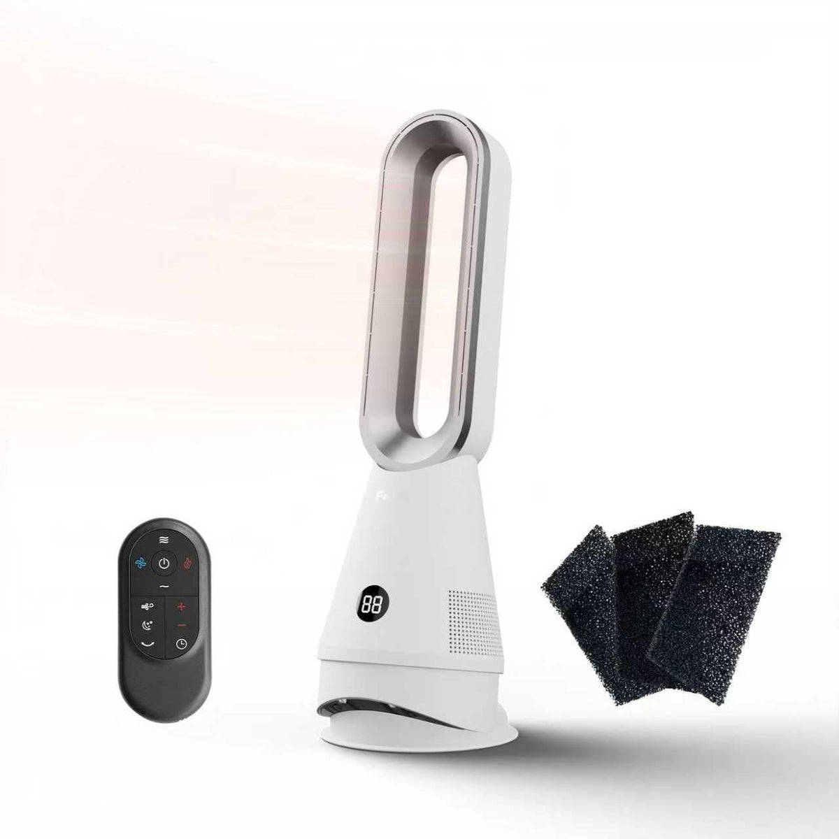 Bladeless Heater Fan, 25inch Heating & Cooling & Filter Combo Tower Fan 80° Oscillating with Remote, 9H Timer, 8 Speeds, Portable Quiet for Indoor, Bedroom, Home Office Room, White&Sliver