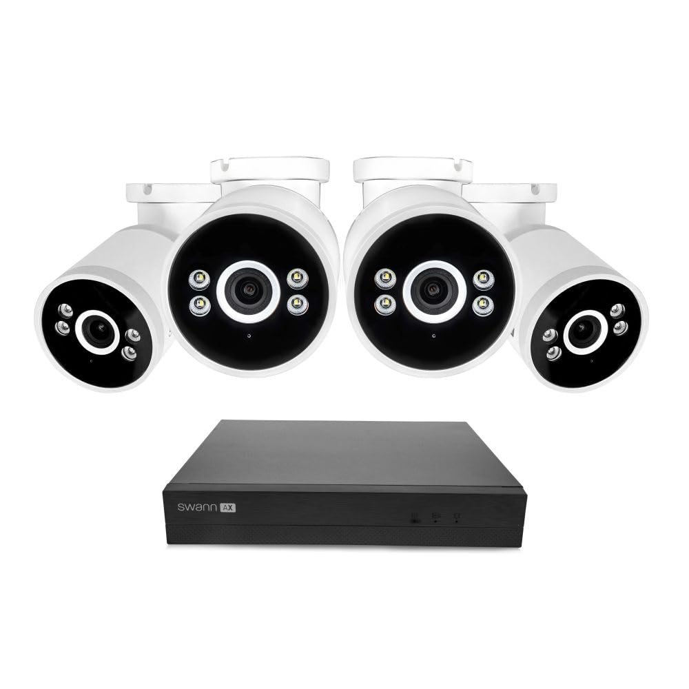 Swann AdvancedX Wired NVR 4K Security Camera System, 8 Channels, 4 PoE Cameras Outdoor, 1TB HDD Storage, Color Night Vision, Smart AI Video Analytics/Alerts, Motion Detection, 24/7 Recording