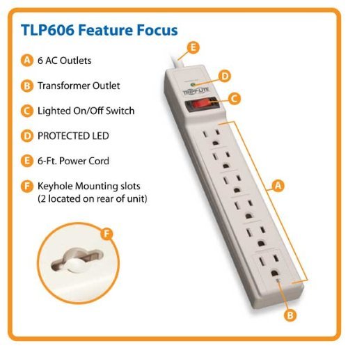 TLP606 Surge Suppressor, 6 Outlets, 6 ft Cord, 790 Joules, Light Gray, Sold as 1 Each, 15PACK , Total 15 Each