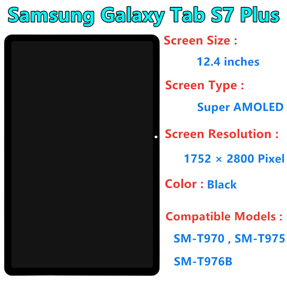 12.4" Original for Samsung Galaxy Tab S7 Plus Screen Replacement Galaxy Tab S7+ SM-T970 SM-T975 SM-T976B Display Touch Screen Digitizer Assembly with Repair Tool