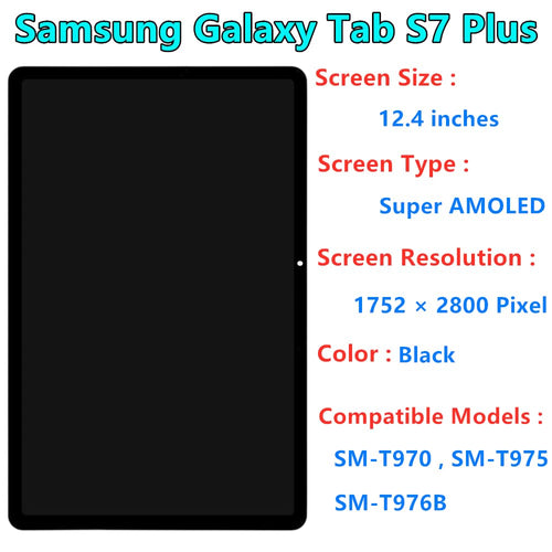 12.4" Original for Samsung Galaxy Tab S7 Plus Screen Replacement Galaxy Tab S7+ SM-T970 SM-T975 SM-T976B Display Touch Screen Digitizer Assembly with Repair Tool