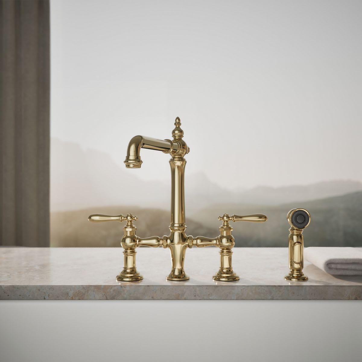 KOHLER Artifacts Two-Hole Bridge Kitchen Sink Faucet with Sidesprayer