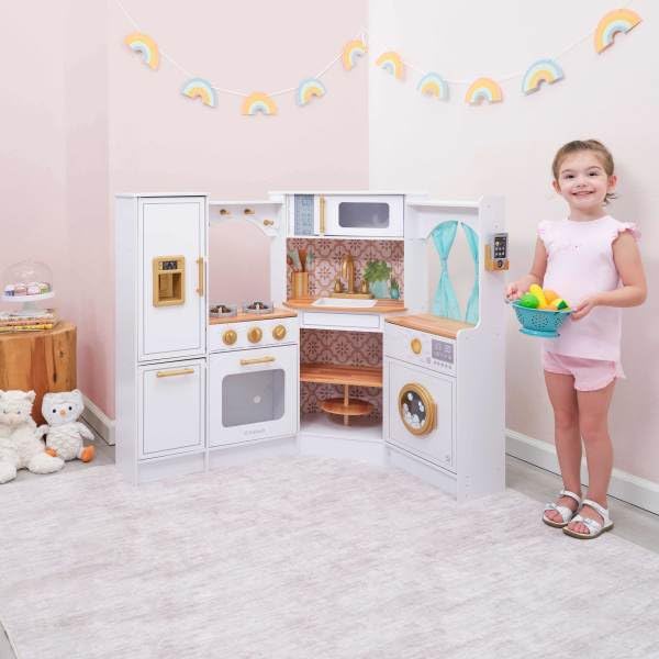 KidKraft Ultimate Corner Wooden Play Kitchen with Lights & Sounds, White