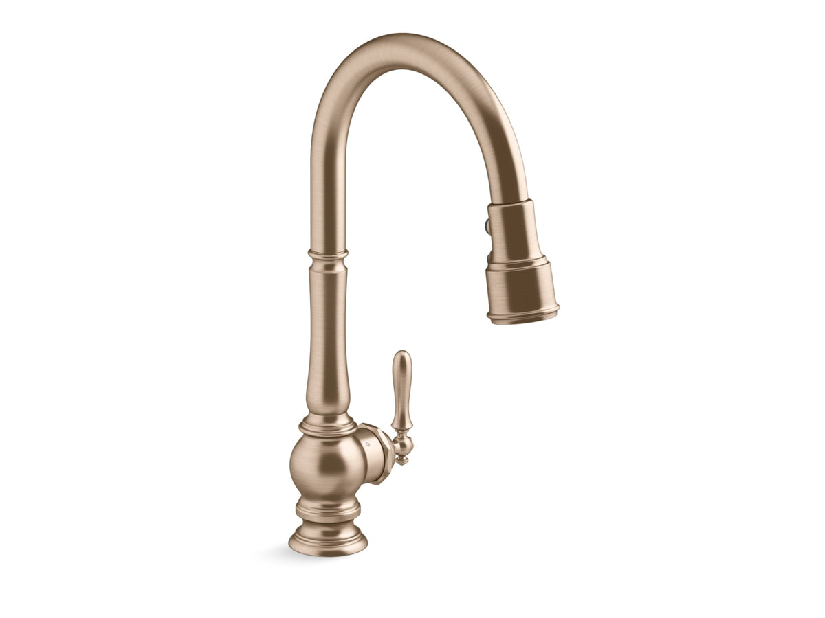 Kohler 29709-AF Artifacts Touchless Pull-Down Kitchen Sink Faucet with Three-Funtion Sprayhead, Vibrant French Gold