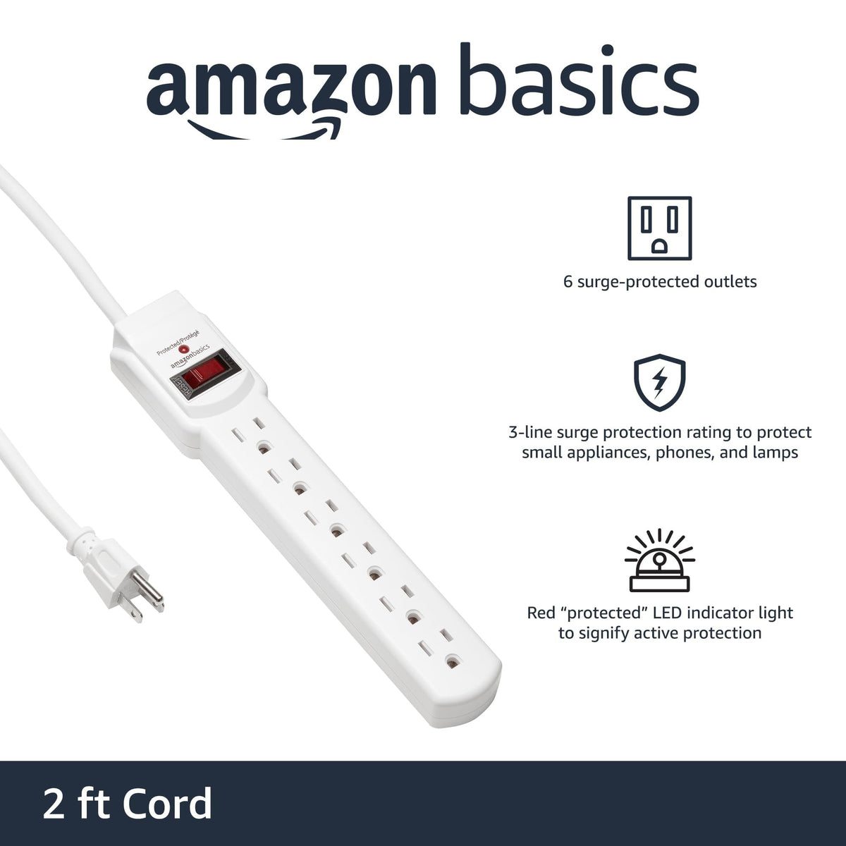 Amazon Basics 6-Outlet Surge Protector Power Strip with 200J Protection, Circuit Breaker, 2ft Extension Cord, White, 20-Pack