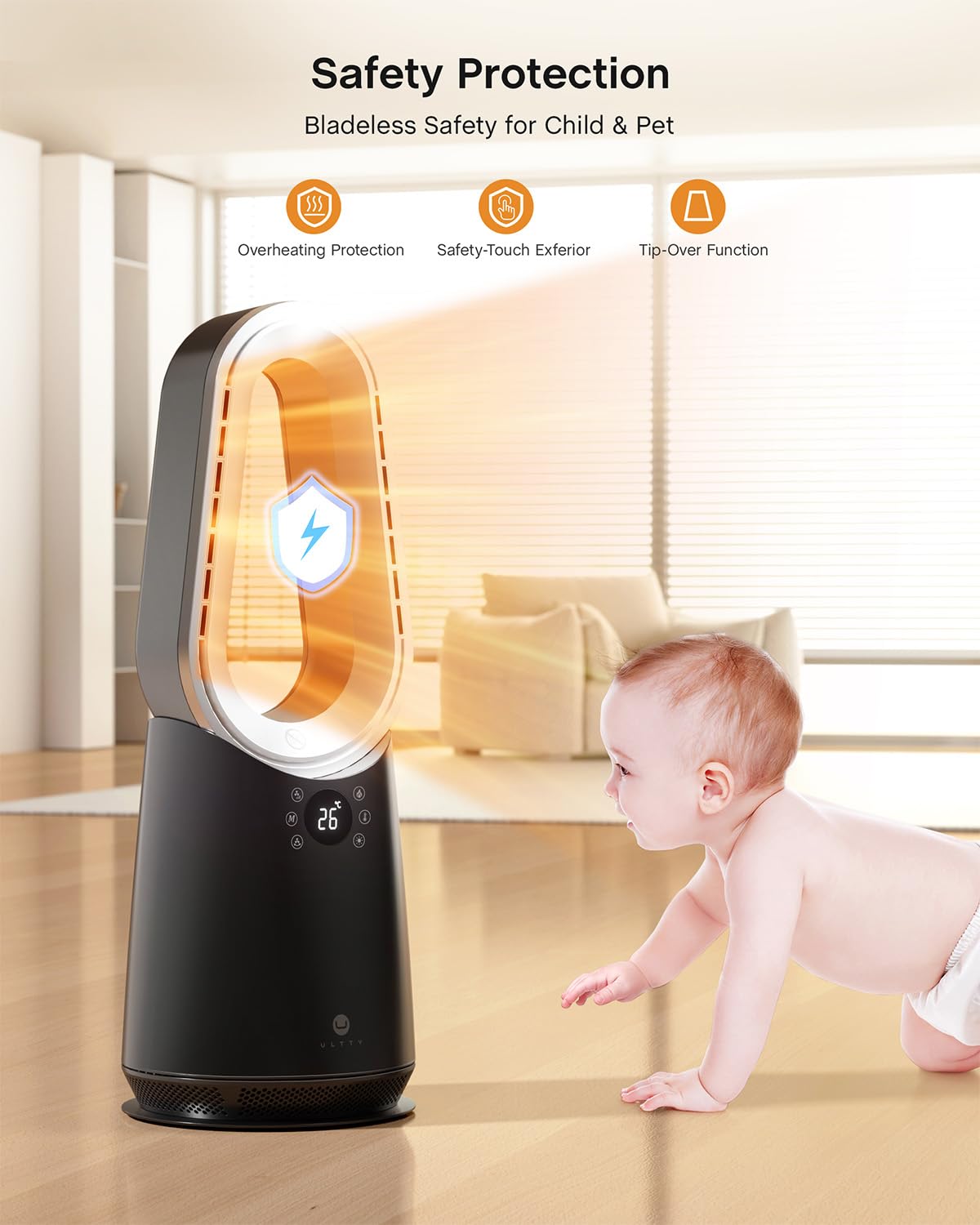 ULTTY Space Heater and Bladeless Fan Combo, 1400W Electric Heater with Remote, 80° Oscillation, 8H Timer, 6-Color Ambient Light, Overheat and Tip-Over Protection, Quiet PTC Heater for Bedroom Office
