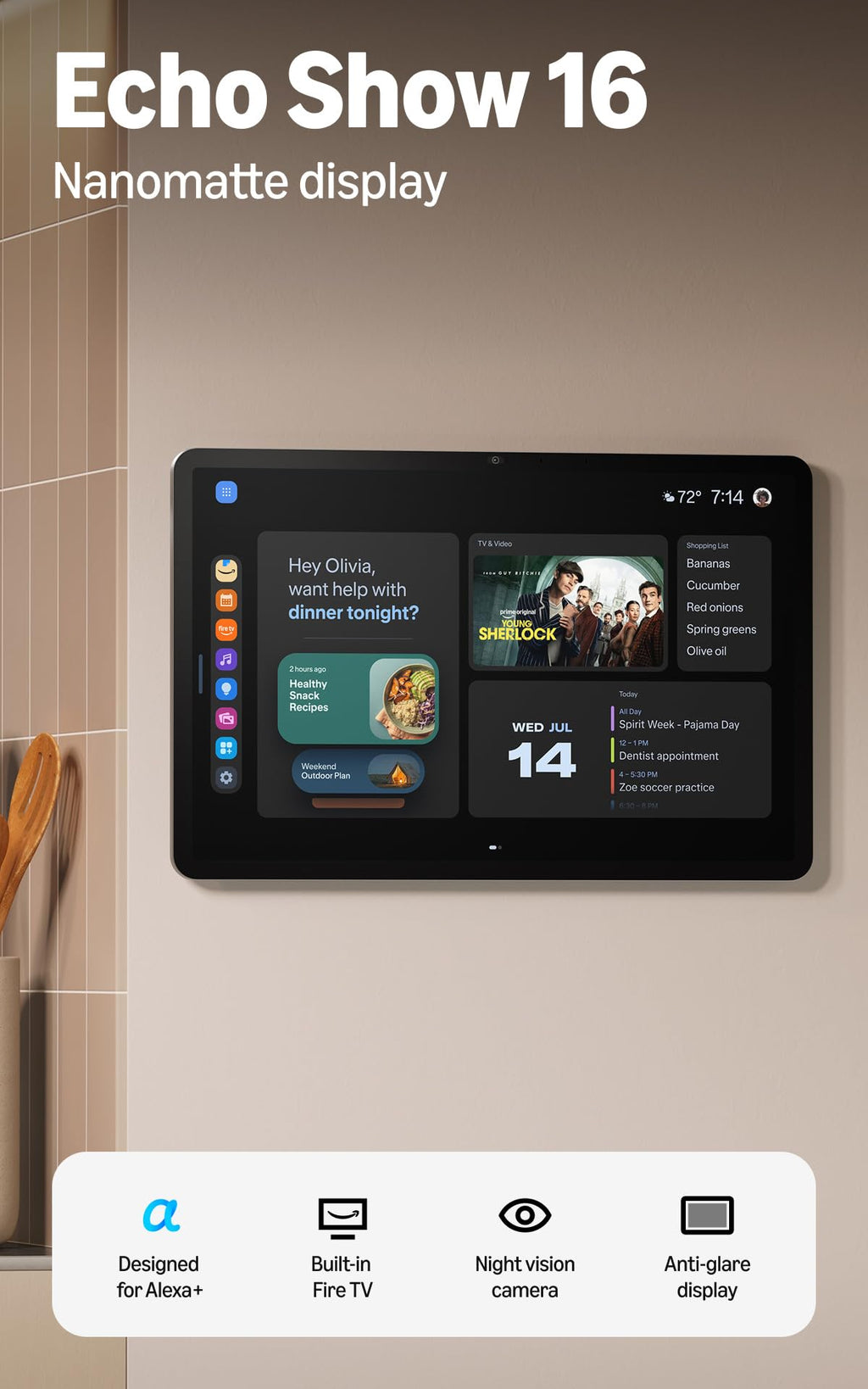 Amazon Echo Show 16 (newest model), Kitchen command center and productivity hub, Built-in Fire TV and night vision camera, Wall mount included, Designed for Alexa+
