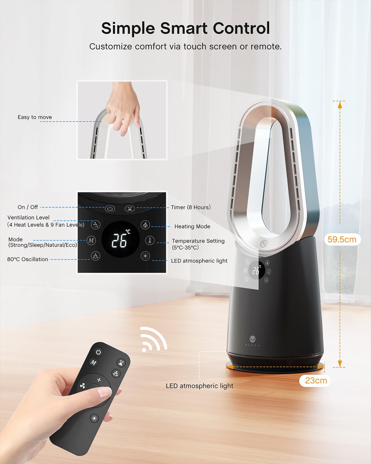 ULTTY Space Heater and Bladeless Fan Combo, 1400W Electric Heater with Remote, 80° Oscillation, 8H Timer, 6-Color Ambient Light, Overheat and Tip-Over Protection, Quiet PTC Heater for Bedroom Office