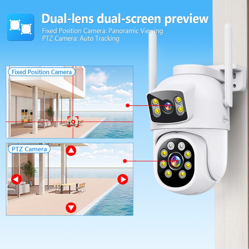 MOVOLS Wireless Security Camera System 5G/2.4G WiFi 8pcs 4MP+4MP Dual Lens Camera System,2K HD PTZ Dome Cameras System with Color Night Version, Motion Detection,2TB HDD, 16CH