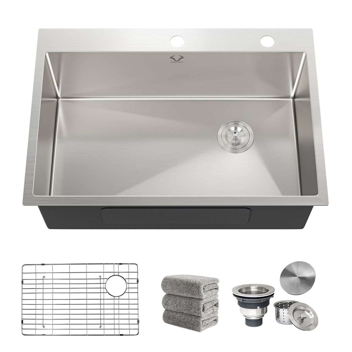 Kitchen Sinks 32x18 Inch Undermount Kitchen Sink Stainless Steel Sink 16 Gauge Single Bowl Set (5 Item Bundle: Sink, Bottom Grid, Drain Assembly, Drain Cap, Towel)