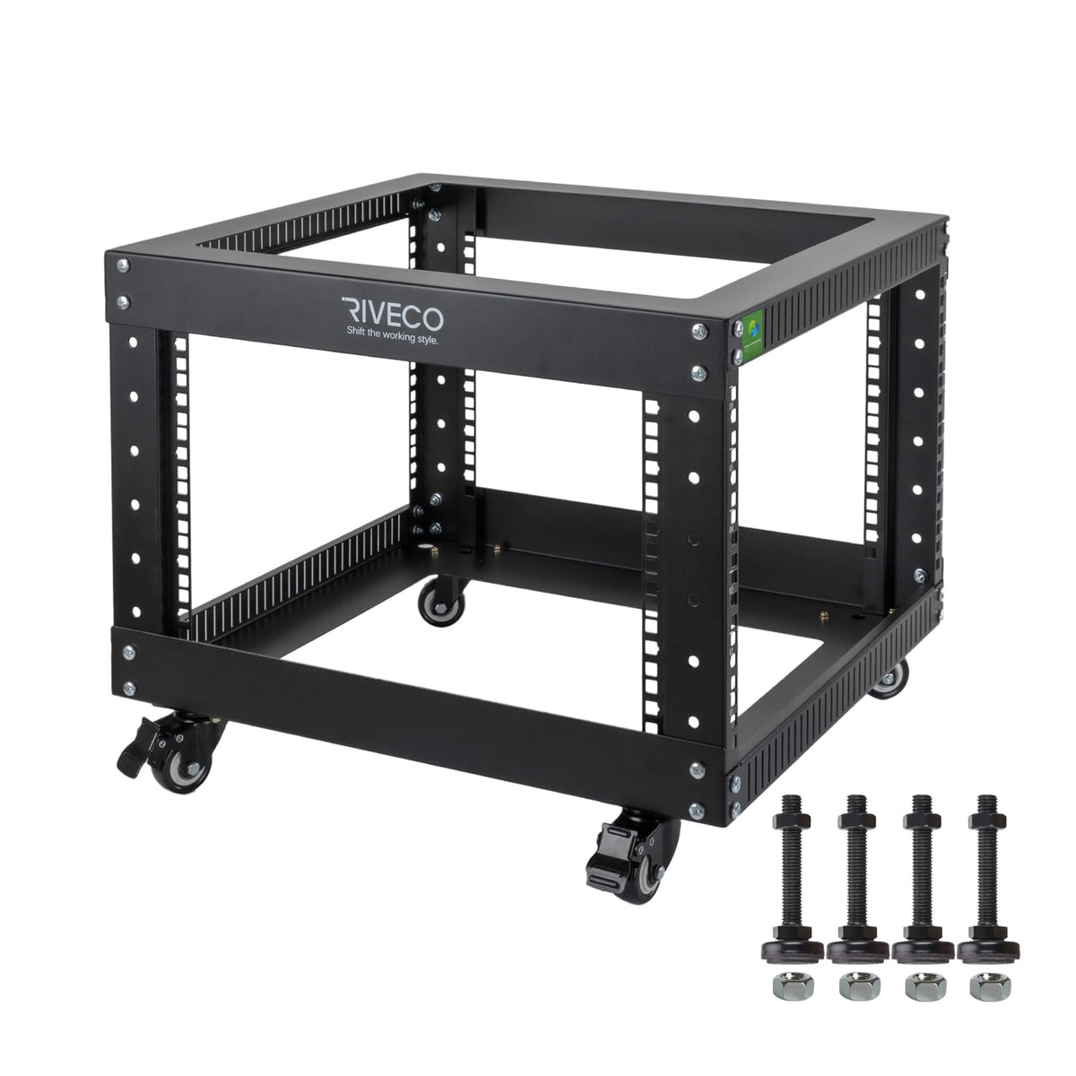 22U Open Frame Server Rack with Brake Casters +19" Rail Mounting PDU (8 Outlets) Power Strip with Surge Protector + 2PCS Rack Shelves Cantilever Tray Set Black