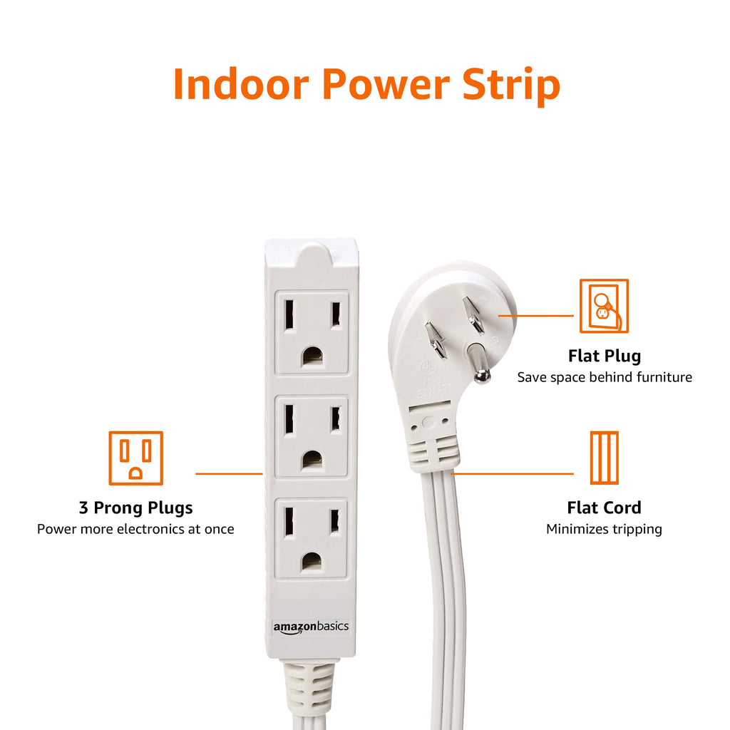 Amazon Basics 3-Prong Indoor Rectangle Extension Cord Power Strip, Flat Plug, Space-Saving, Grounded, 13 Amps, 1625 Watts, 125 VAC, White, 2-Count, 6 ft (Pack of 24)