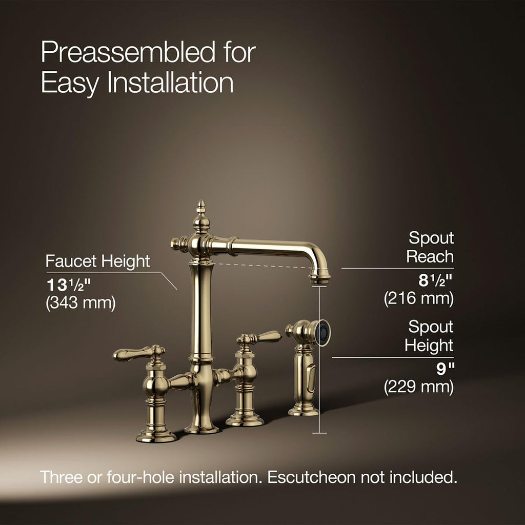 KOHLER Artifacts Two-Hole Bridge Kitchen Sink Faucet with Sidesprayer