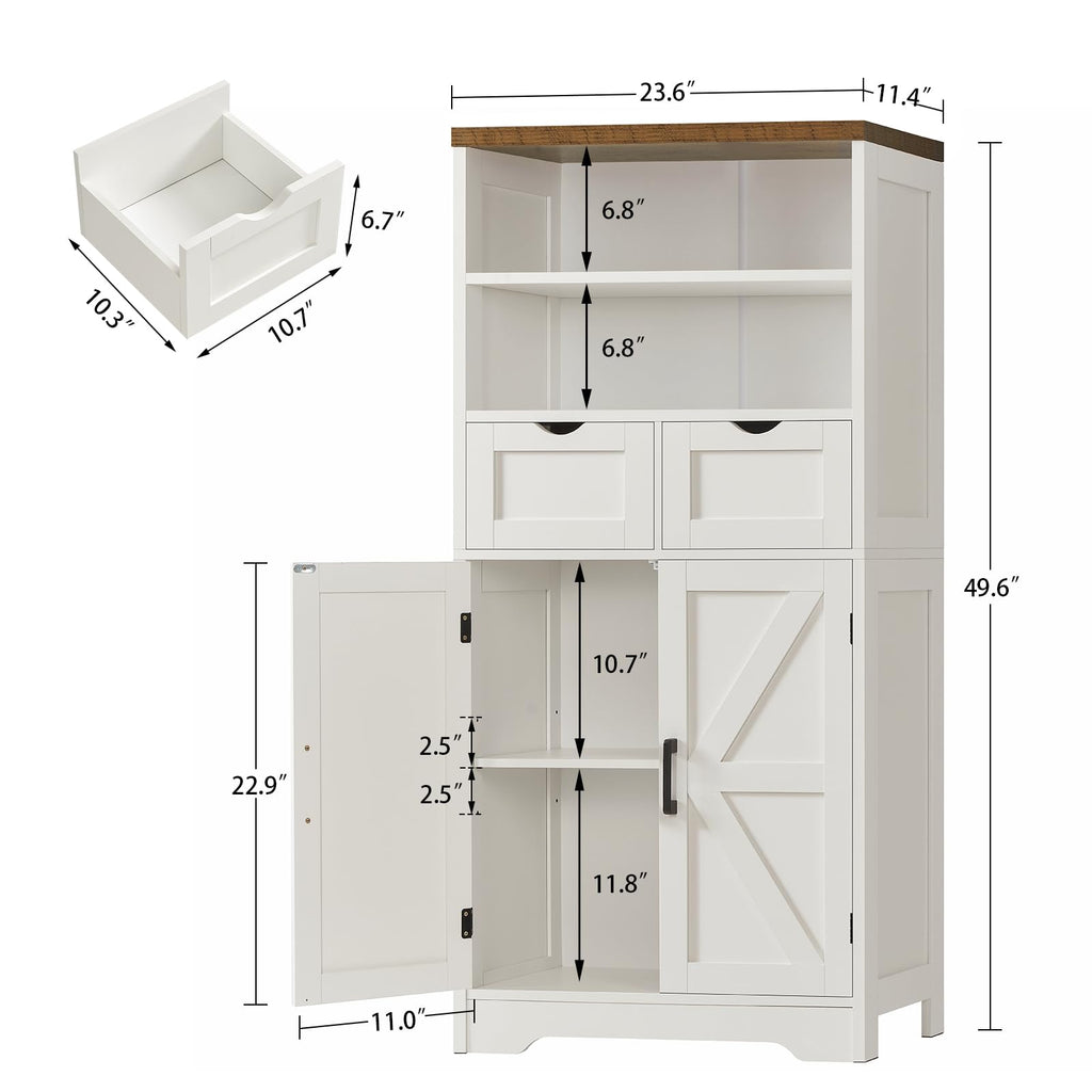 Storage Cabinet with Doors & 2 Drawers, Kitchen Cabinet with Adjustable Shelf, Pantry Cabinets, Bathroom Cabinets, for Living Room, Entryway, Home Office, White