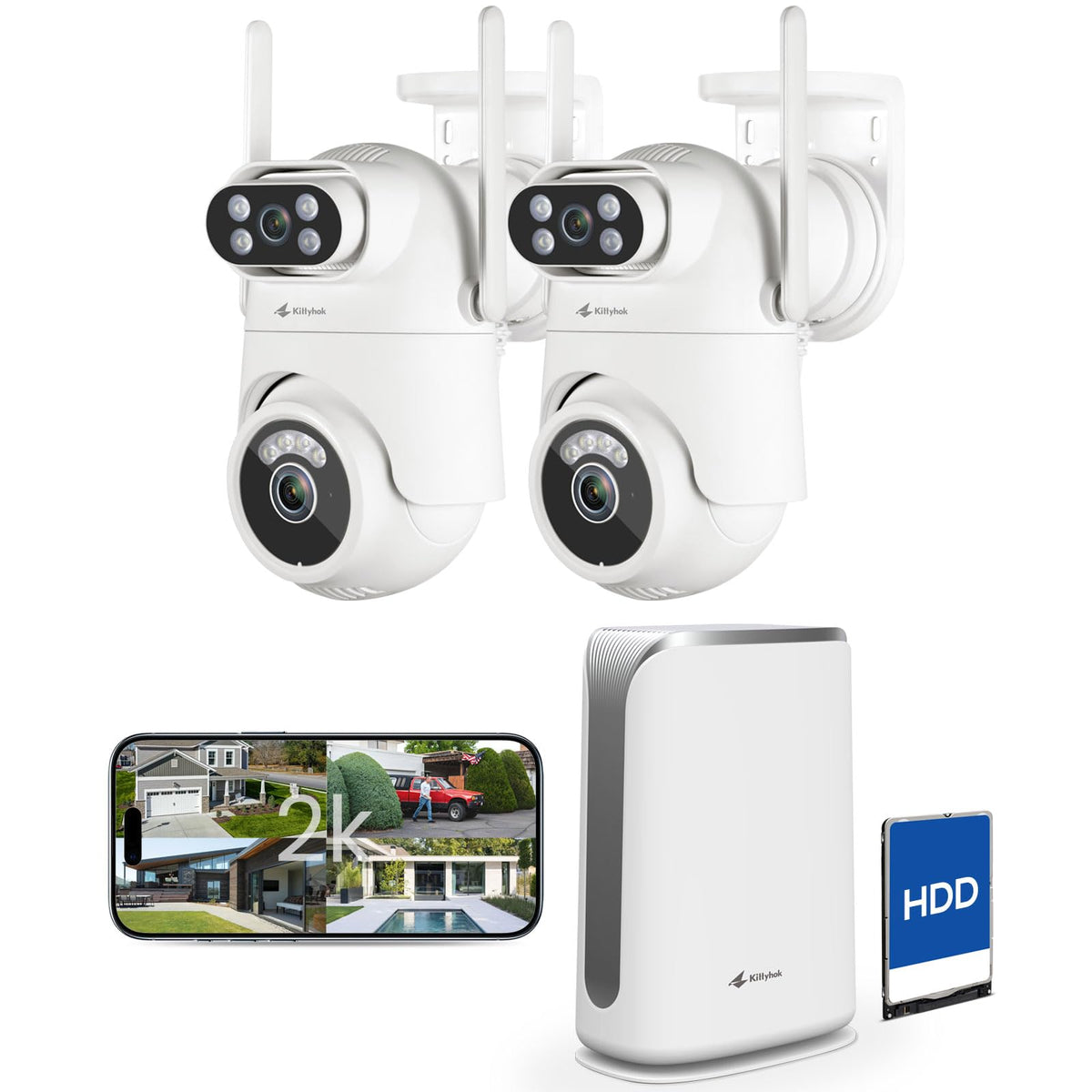 Wireless Security Camera System with 10" Touchscreen Monitor, 2K Dual Lens