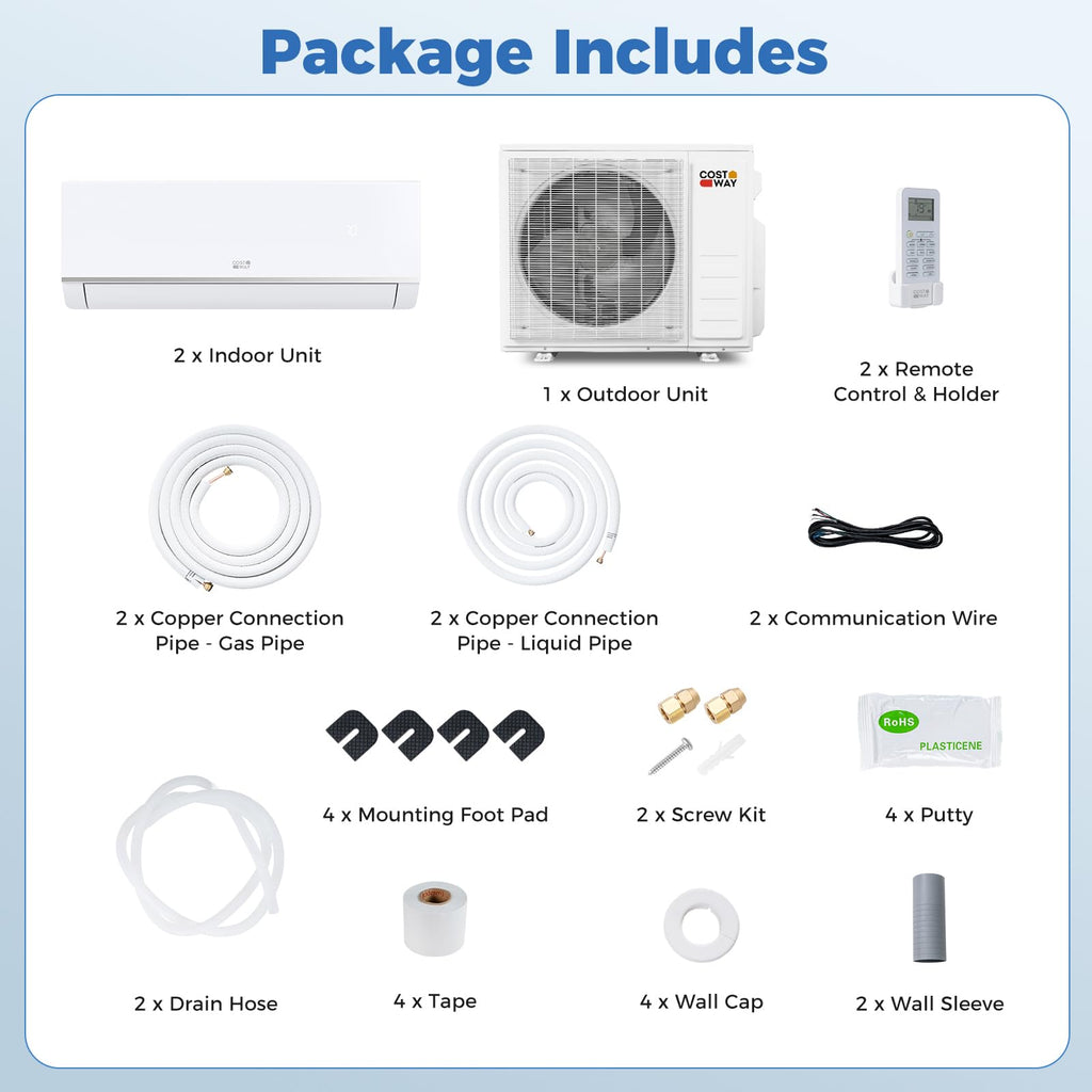 COSTWAY 20K Dual 2 Zone Mini Split AC/Heating System, 23 SEER2 12k+12k BTU