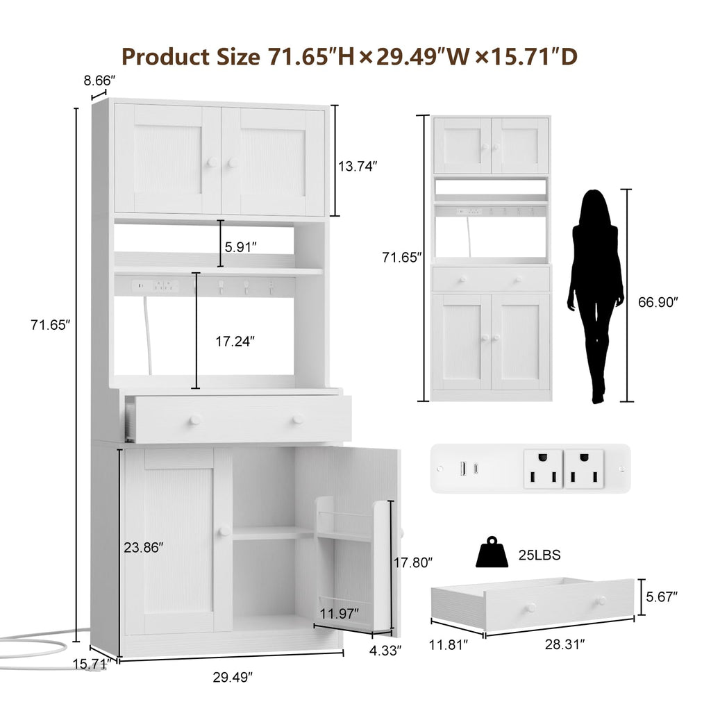 71" Tall Kitchen Pantry Cabinet with Microwave Countertop, LED Lights White