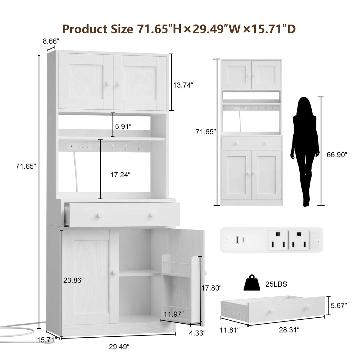 71" Tall Kitchen Pantry Cabinet with Microwave Countertop, LED Lights White