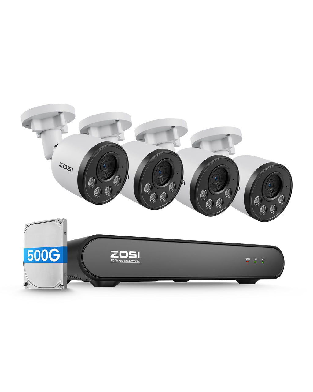 ZOSI 8CH PoE Security Camera System, 5MP NVR with 500GB HDD, 4X 4MP Cameras