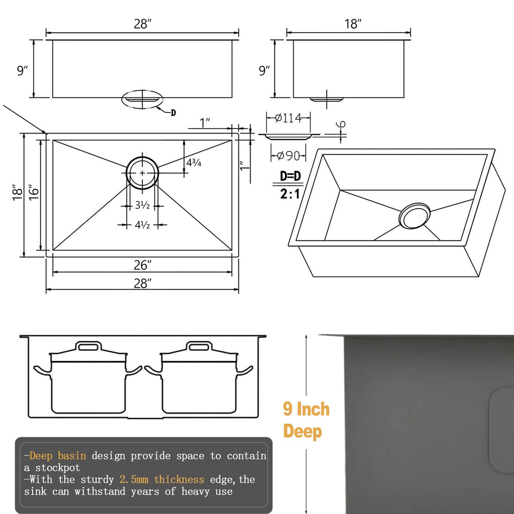 28 Inch Undermount Kitchen Sink Black, 28x18 Gunmetal Black 16 Gauge Stainless Steel Single Bowl Under Mount Commercial Kitchen Sinks 9 Inch Deep Includes Drain