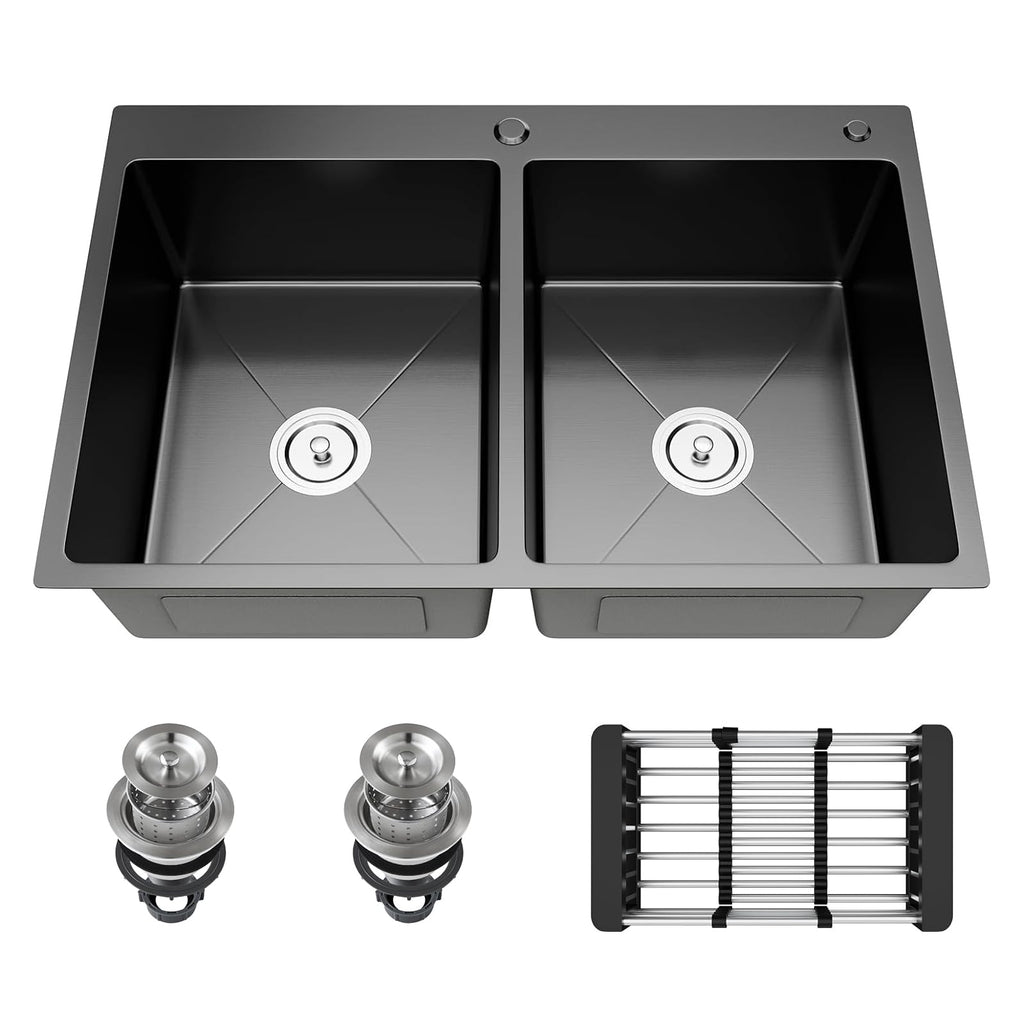 30-inch Black Kitchen Sink, Double Bowl Drop-in/Top-Mount 304 Stainless Steel with Nano Coating, Includes Drain Assembly & Fruit Basket for Modern Kitchen (30.7" x 16.9")