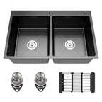 30-inch Black Kitchen Sink, Double Bowl Drop-in/Top-Mount 304 Stainless Steel with Nano Coating, Includes Drain Assembly & Fruit Basket for Modern Kitchen (30.7" x 16.9")