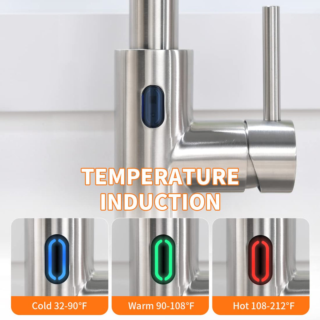 OWOFAN Touchless Pull Down Kitchen Faucet LED Light Brushed Nickel