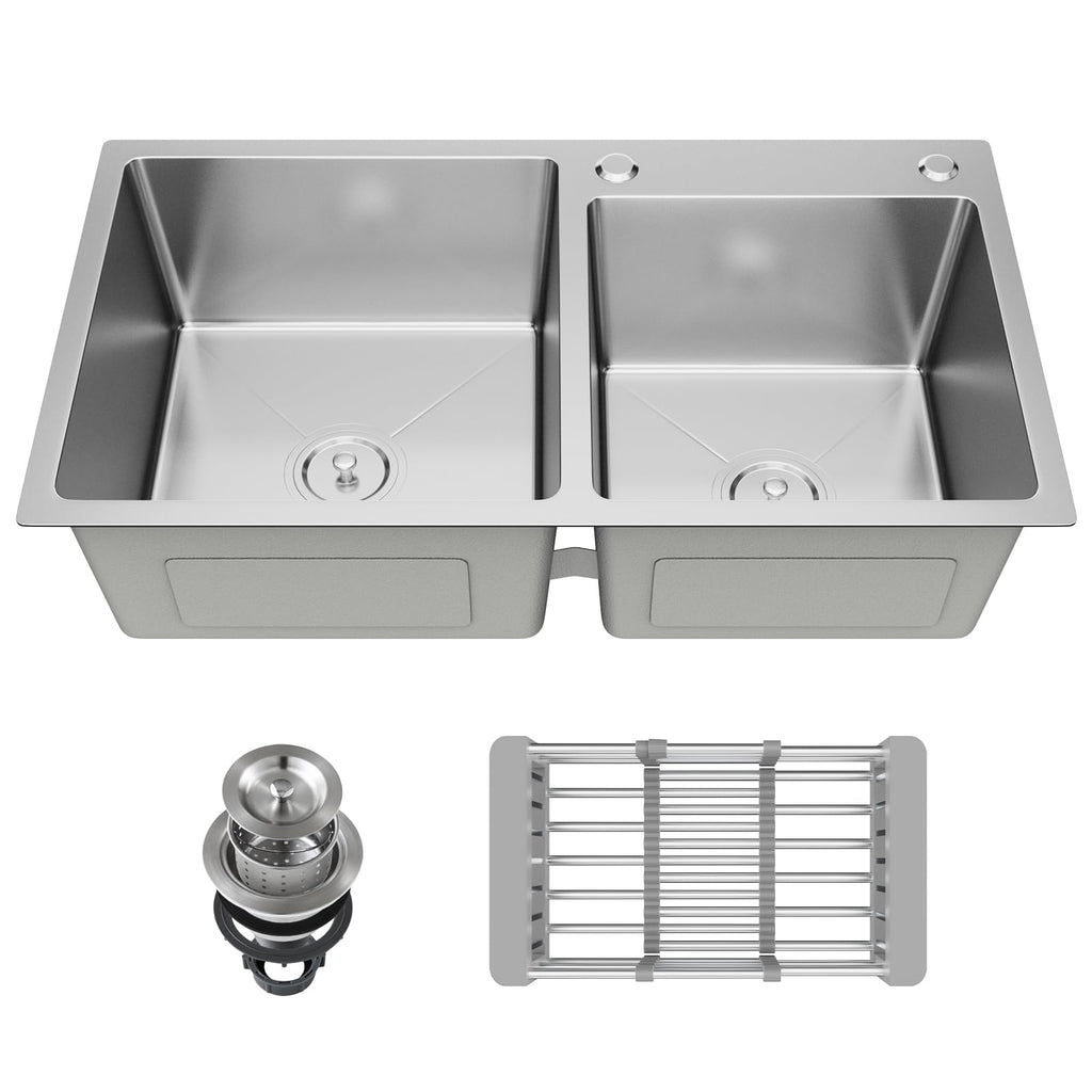 30-inch Black Kitchen Sink, Double Bowl Drop-in/Top-Mount 304 Stainless Steel with Nano Coating, Includes Drain Assembly & Fruit Basket for Modern Kitchen (30.7" x 16.9")