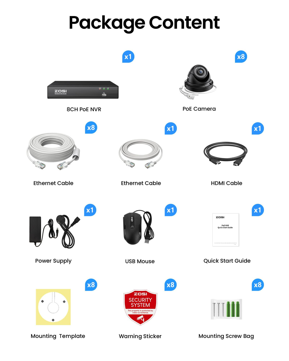 ZOSI 8 Channel 4K NVR with 8 x 5MP PoE Dome Security Camera System, 2TB HDD