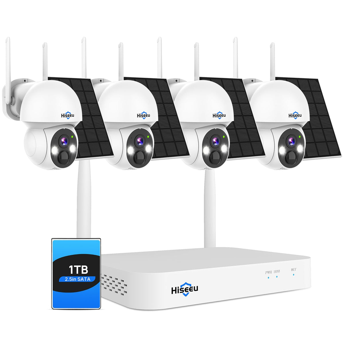 Hiseeu Solar Security Camera Outdoor,4MP 4 Cam-Kit, Wireless Security Cameras System Home Surveillance,Solar-Powered,Color Night Vision,360° View Pan & Tilt,2.4GHz WiFi,1TB Storage No Subscription