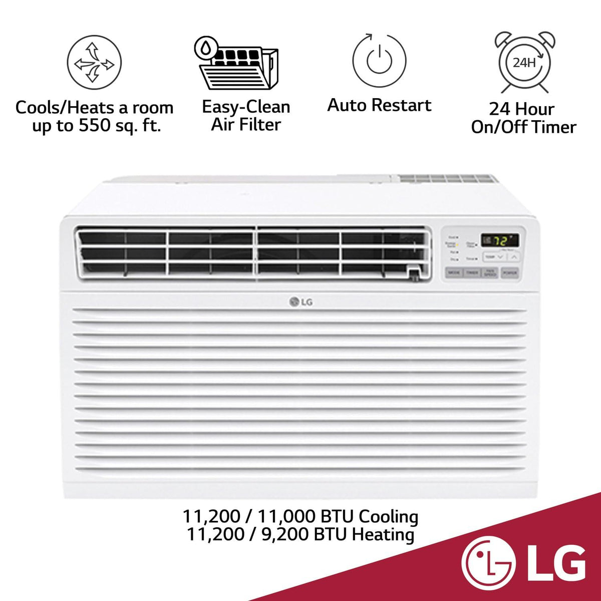 LG 11,800 BTU Through the Wall Air Conditioner and Wall Heater, 230/208V, Cools 550 Sq.Ft. (22' x 25' Room Size), Perfect for Bedroom, AC Heater Unit with Remote, Multiple Speeds, 4-Way Air Deflection