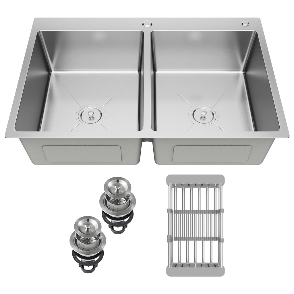 30-inch Black Kitchen Sink, Double Bowl Drop-in/Top-Mount 304 Stainless Steel with Nano Coating, Includes Drain Assembly & Fruit Basket for Modern Kitchen (30.7" x 16.9")