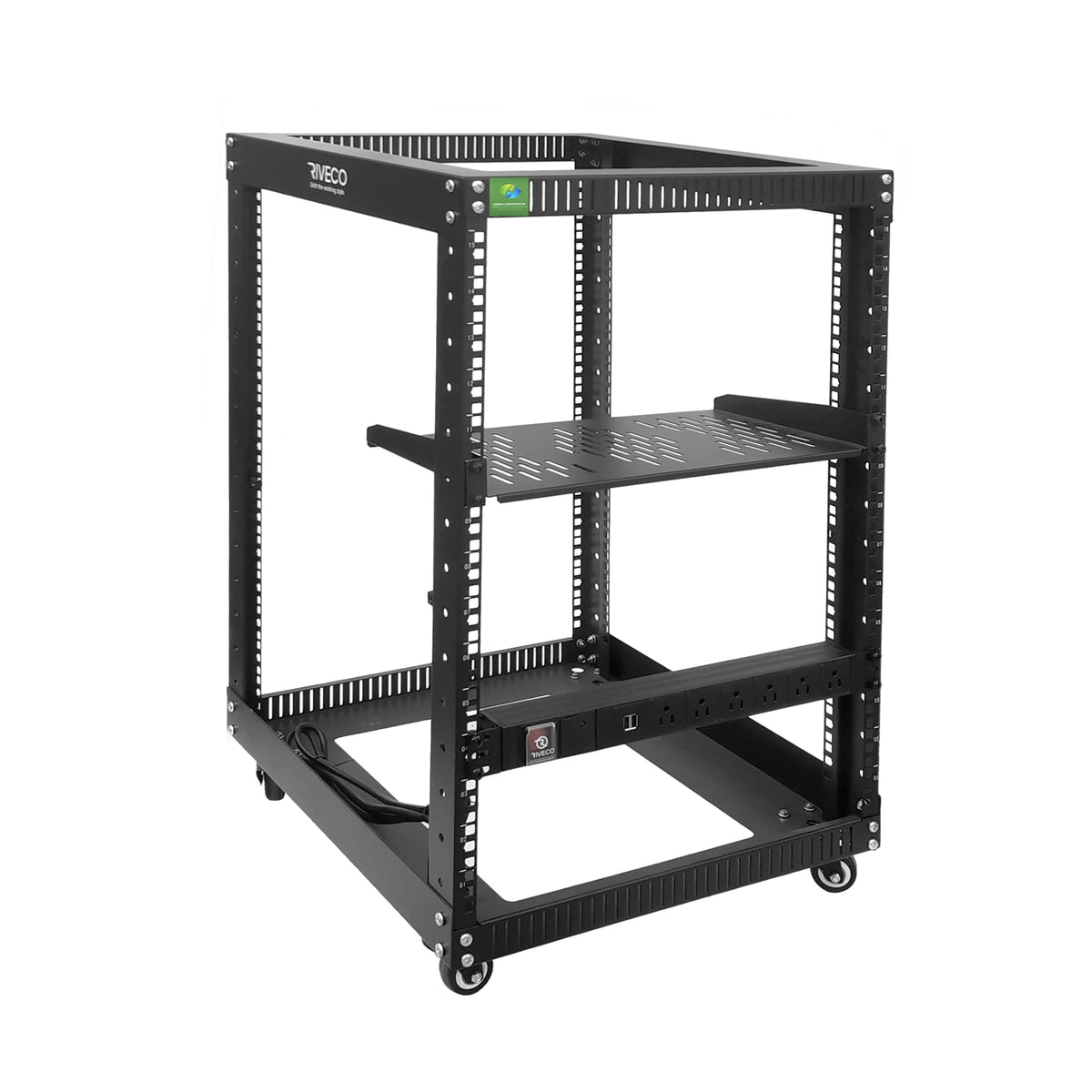 22U Open Frame Server Rack with Brake Casters +19" Rail Mounting PDU (8 Outlets) Power Strip with Surge Protector + 2PCS Rack Shelves Cantilever Tray Set Black