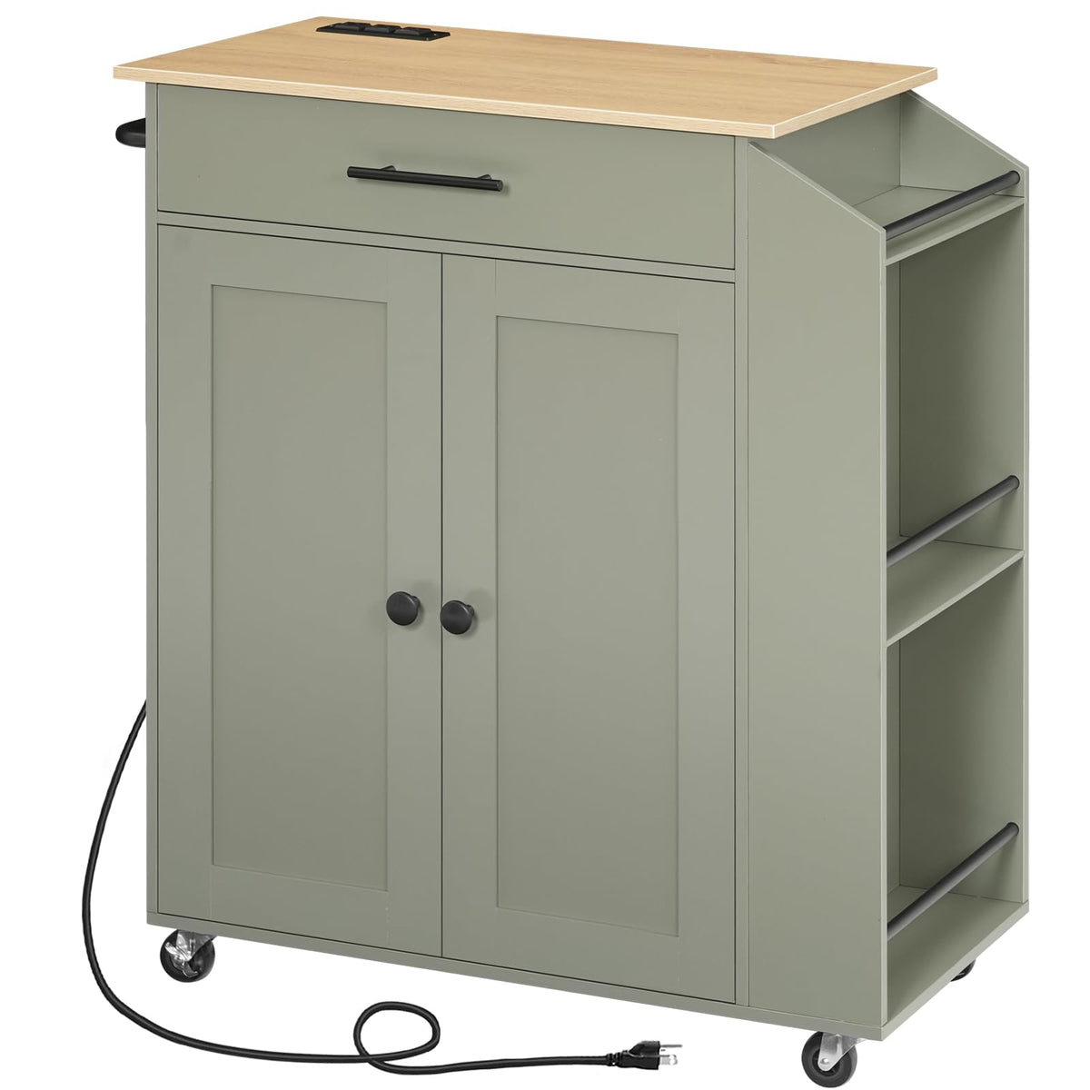 HOOBRO Kitchen Island with Power Outlet, Storage Island with Spice Rack and Drawer, Rolling Kitchen Cart on Wheels, for Home, Dining Room, Rustic Brown and Black
