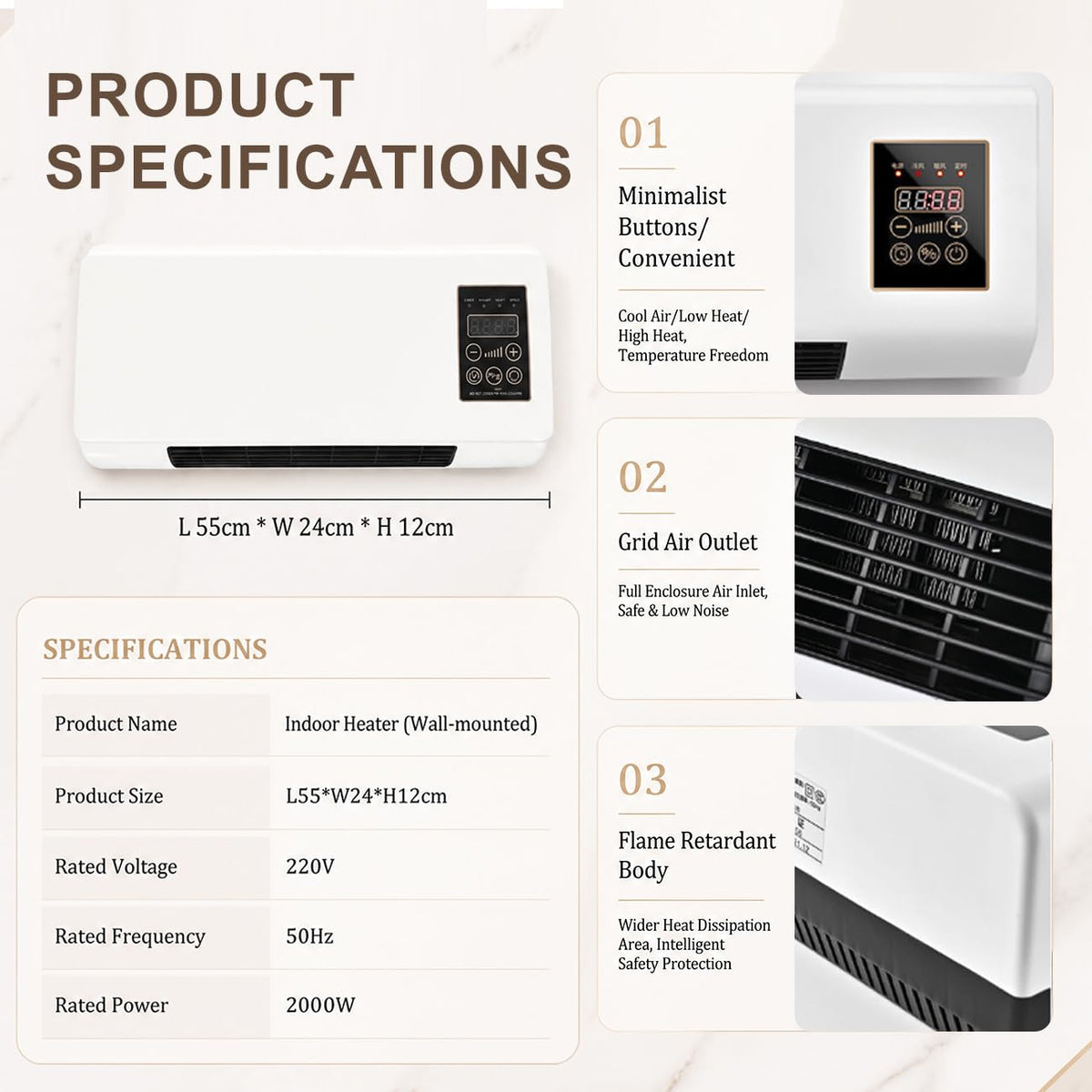 Heater and Fan Combo, 2-in-1 Wall AC Unit, Cool Warm Heater | Nature Wind Hot Air, Space-Saving, Portable Compact Design, Small Room Air Conditioner White,55 * 24 * 12cm