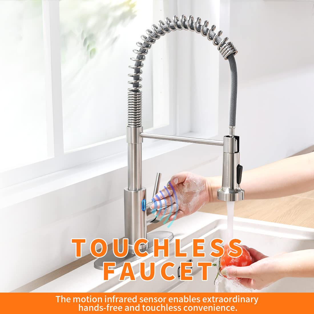OWOFAN Touchless Pull Down Kitchen Faucet LED Light Brushed Nickel