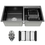 30-inch Black Kitchen Sink, Double Bowl Drop-in/Top-Mount 304 Stainless Steel with Nano Coating, Includes Drain Assembly & Fruit Basket for Modern Kitchen (30.7" x 16.9")