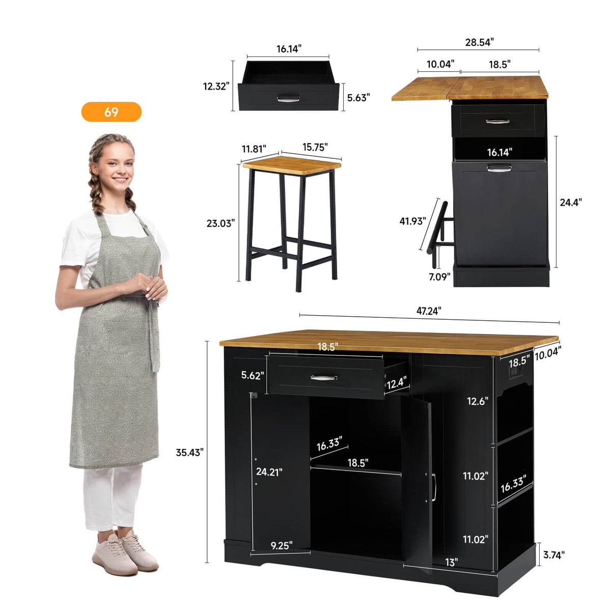 47" Kitchen Island with Trash Can Storage, Include 2 Chairs, Black
