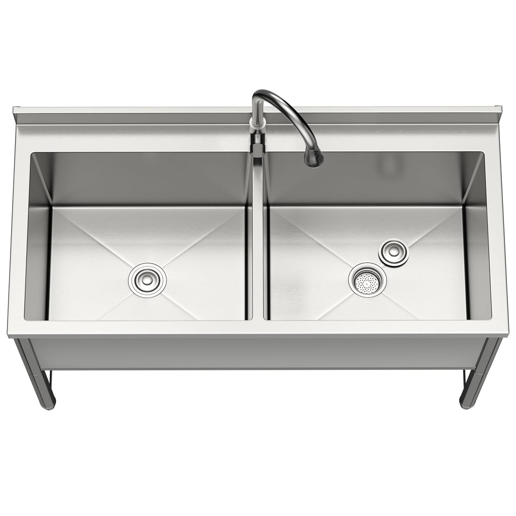 47" Stainless Steel Large Commercial Sink 2 Bowl with Pull-out Faucet